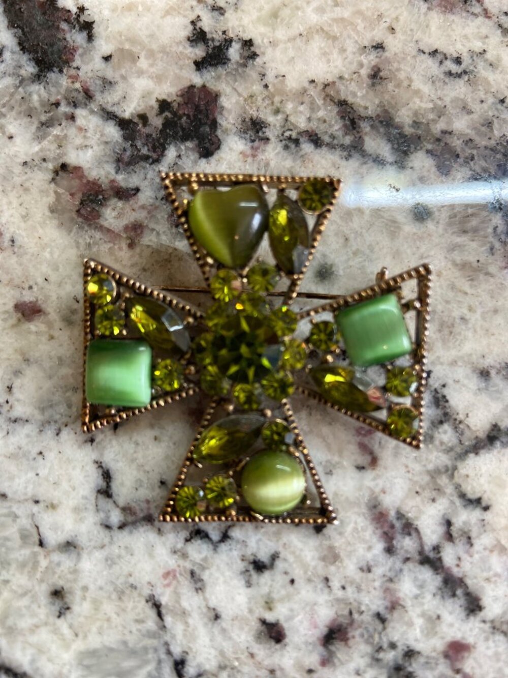 Vtg Green Rhinestone Maltese Cabochon Cross Brooch Cat Eye Regency Statement Pin